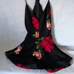 Windsor Black Floral V-Neck Lace-Back Romper with Red & Cream Blooms